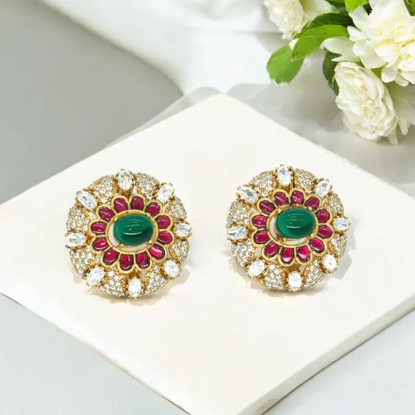 Gold-Plated_Floral_Stud_Earrings_with_Emerald_and_Ruby_Pink_For_Women_&_Girls