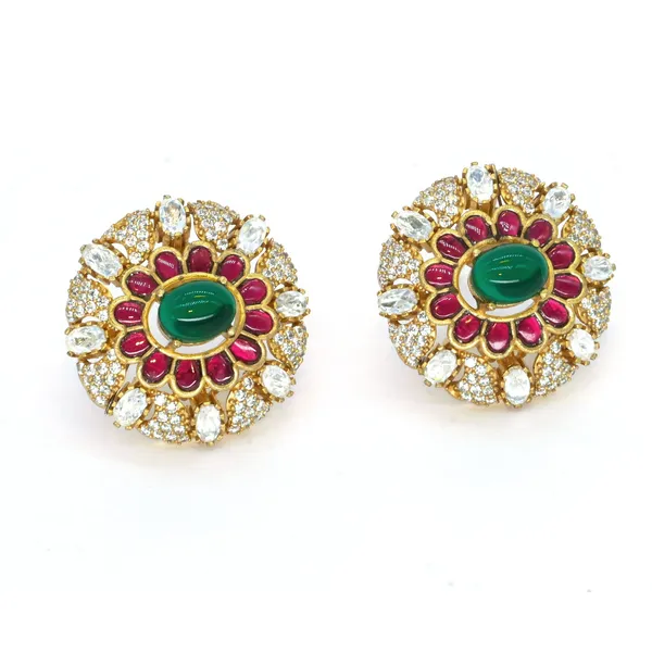 Gold-Plated_Floral_Stud_Earrings_with_Emerald_and_Ruby_Pink_For_Women_&_Girls
