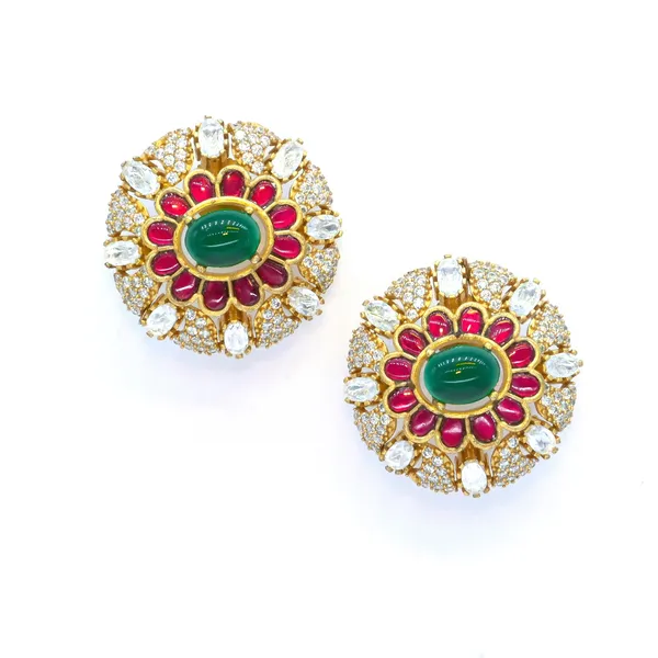 Gold-Plated_Floral_Stud_Earrings_with_Emerald_and_Ruby_Pink_For_Women_&_Girls