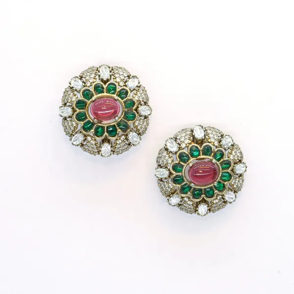 Gold-Plated_Floral_Stud_Earrings_with_Emerald_and_Ruby_Pink_For_Women_&_Girls
