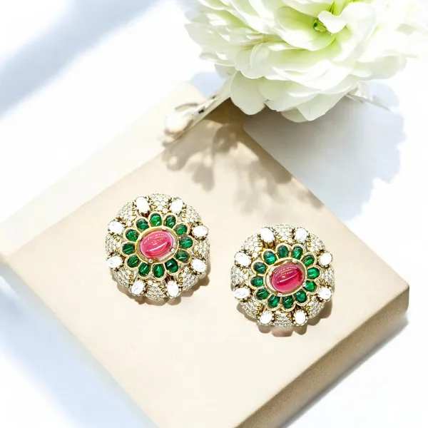 Gold-Plated_Floral_Stud_Earrings_with_Emerald_and_Ruby_Pink_For_Women_&_Girls