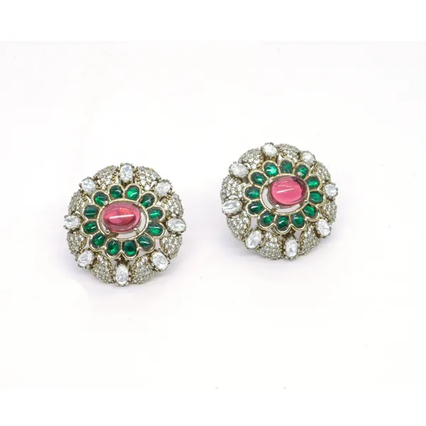 Gold-Plated_Floral_Stud_Earrings_with_Emerald_and_Ruby_Pink_For_Women_&_Girls