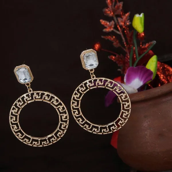 Gold_Plated_Greek_Key_Design_Round_Shaped_Stone_Studded_Western_Earring-_WER_3248_For_Women_&_Girls