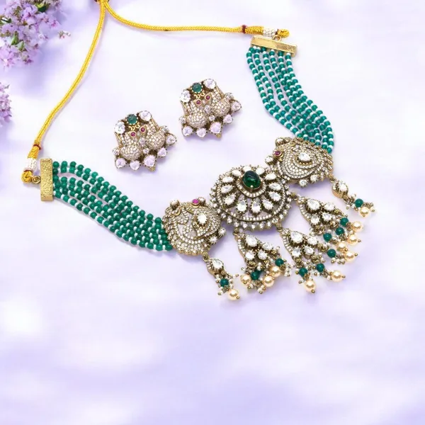 Gold-Plated_Green_Beaded_Choker_Necklace_Set_with_Intricate_Pendant_and_Earrings_For_Women_&_Girls