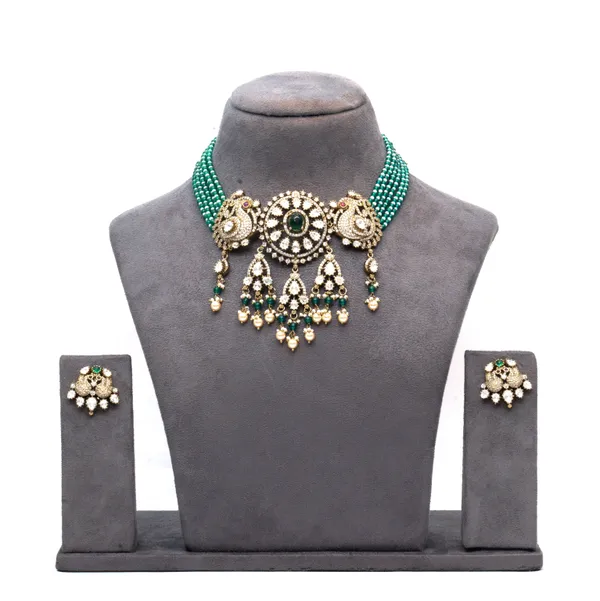 Gold-Plated_Green_Beaded_Choker_Necklace_Set_with_Intricate_Pendant_and_Earrings_For_Women_&_Girls