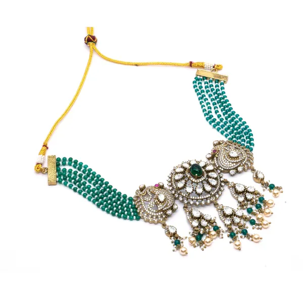 Gold-Plated_Green_Beaded_Choker_Necklace_Set_with_Intricate_Pendant_and_Earrings_For_Women_&_Girls