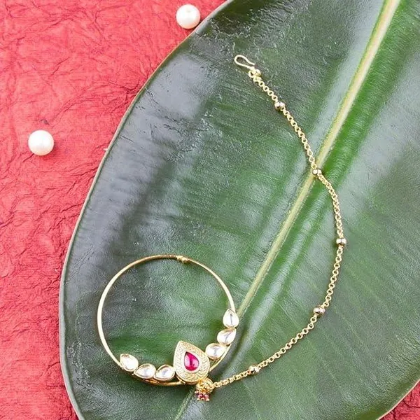 Gold_Plated_Polki_Nose_Ring_With_Chain_For_Women_&_Girls