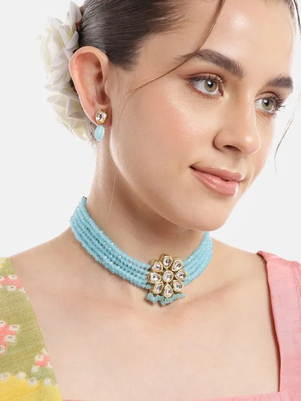 Gold-Plated_Kundan_&_Blue_Beaded_Choker_Necklace_Set_with_Matching_Earrings_For_Women_&_Girls