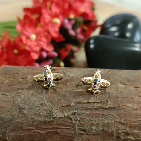 Gold_Plated_Multi-Cz_Aeroplane_Designed_Small_Stud_Earring-STER_2079_For_Women_&_Girls