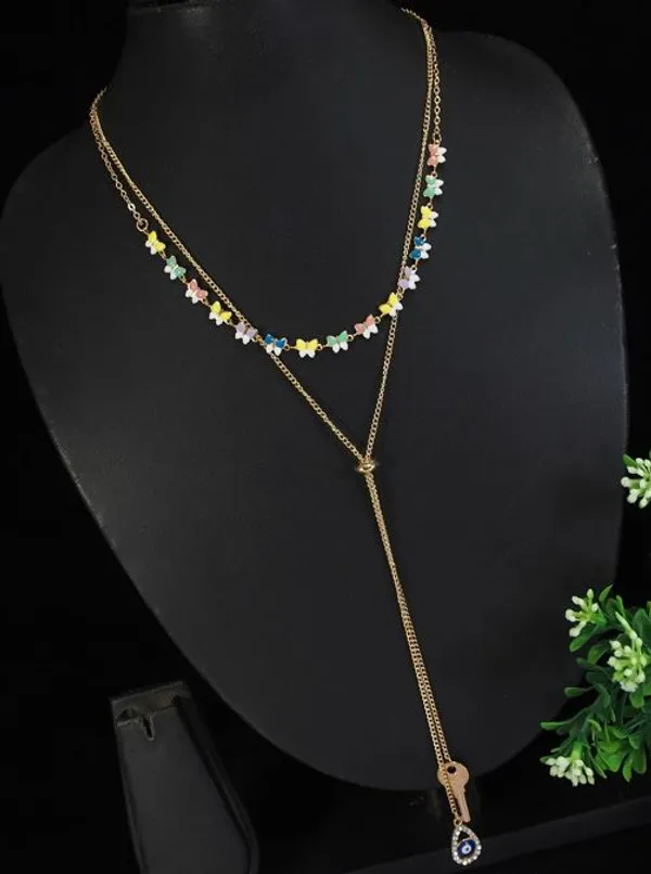 Gold_Plated_Multi_Layered_Evil_&_Key_Adjustable_Chain_Necklace_-_MLNK_4806_For_Women_&_Girls