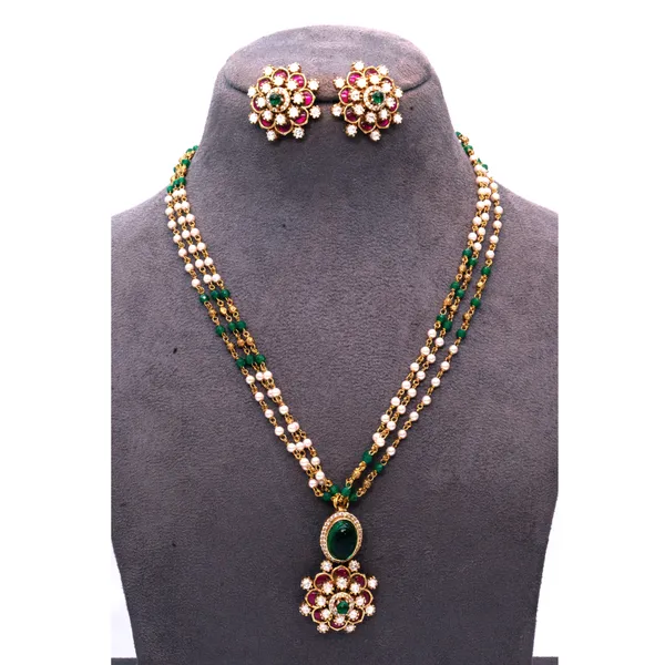 Gold-Plated_Multistrand_Beaded_Necklace_Set_with_Floral_Pendant_and_Earrings_For_Women_&_Girls