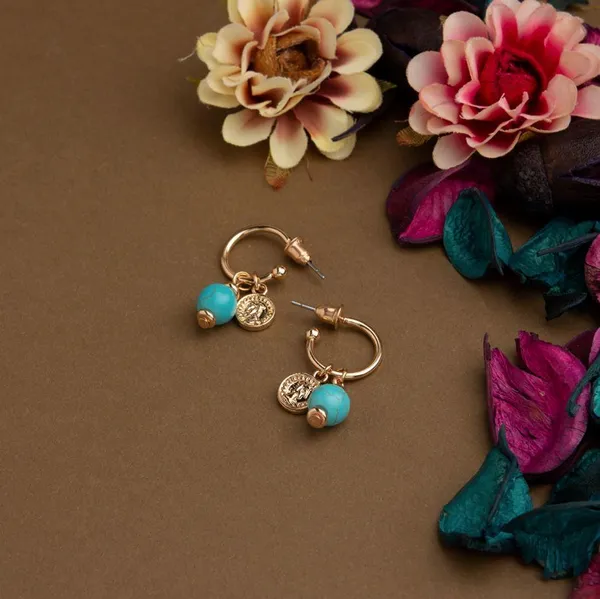 Gold_Plated_Open_Circle_Shaped_With_Hanging_Small_Coin_And_Beads_Western_Drop_Earring-WER_1480A_For_Women_&_Girls