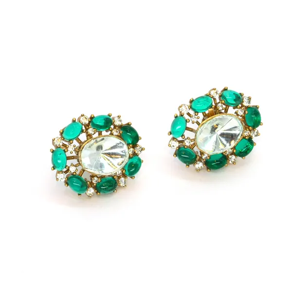 Gold-Plated_Oval_Stud_Earrings_with_Emerald_Green_and_Crysta_For_Women_&_Girls