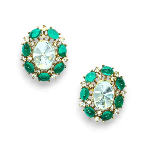 Gold-Plated_Oval_Stud_Earrings_with_Emerald_Green_and_Crysta_For_Women_&_Girls