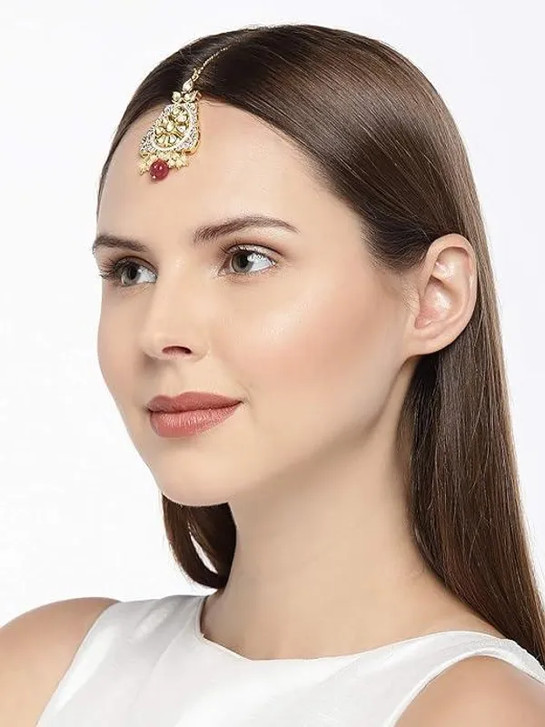 Gold_Plated_Pastel_Pink_Enamel_And_Kundan_Maang_Tika_For_Women_&_Girls