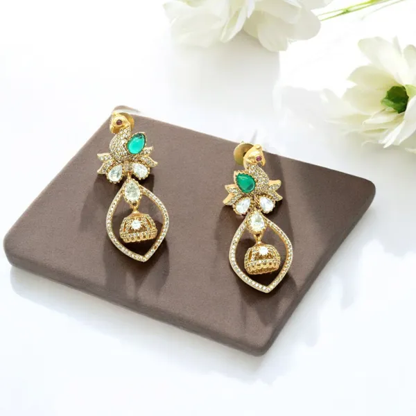 Gold-Plated_Peacock_Motif_Kundan_Drop_Earrings_with_Green_Ac_For_Women_&_Girls