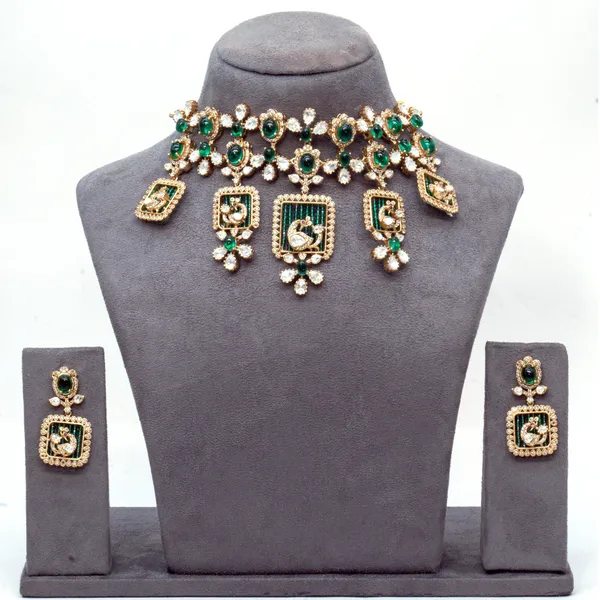 Gold-Plated_Peacock_Motif_Necklace_Set_with_Green_and_White_Stones_For_Women_&_Girls