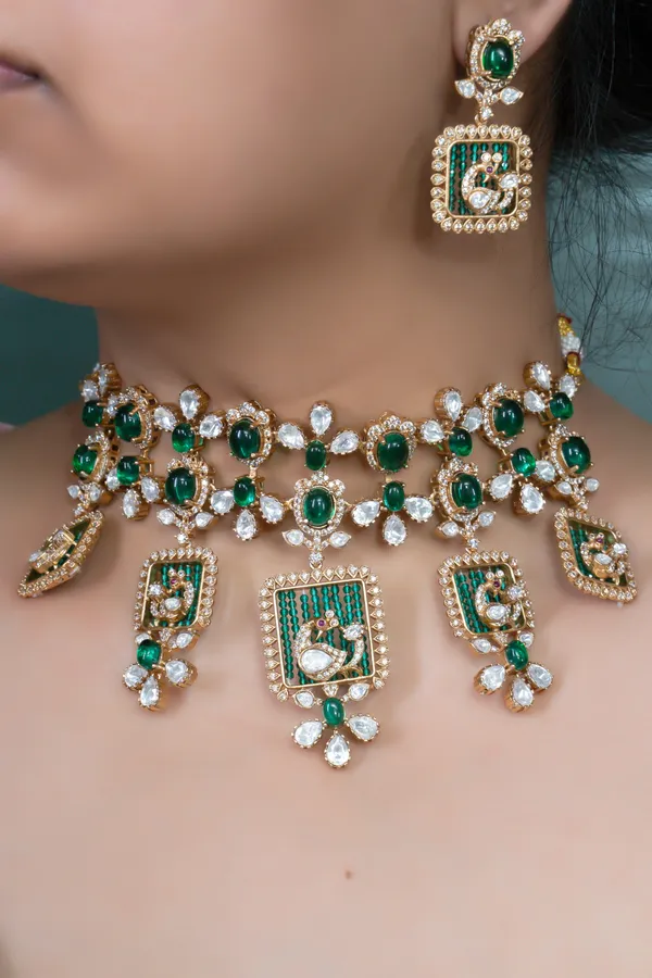Gold-Plated_Peacock_Motif_Necklace_Set_with_Green_and_White_Stones_For_Women_&_Girls