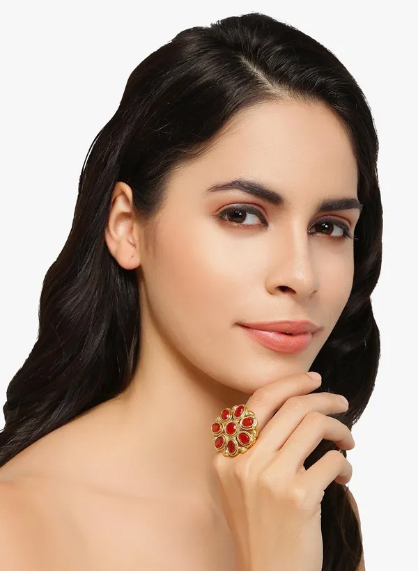 Gold-Plated_Red_Stone_Floral_Cocktail_Ring_For_Women_&_Girls