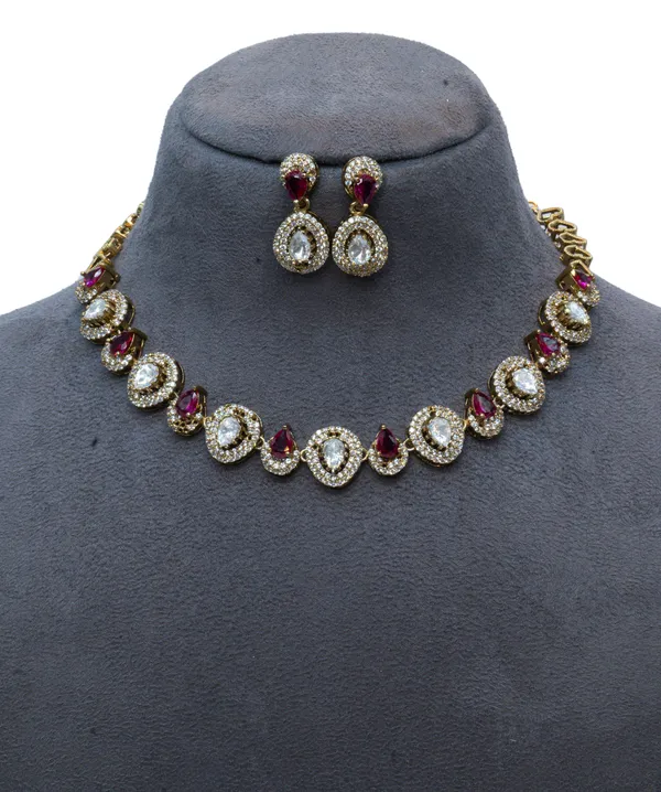 Gold-Plated_Ruby_&_Zirconia_Teardrop_Bridal_Necklace_Set_For_Women_&_Girls