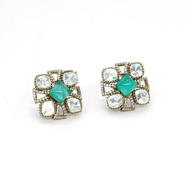 Gold-Plated_Square_Stud_Earrings_with_Mint_Green_and_Crystal_For_Women_&_Girls