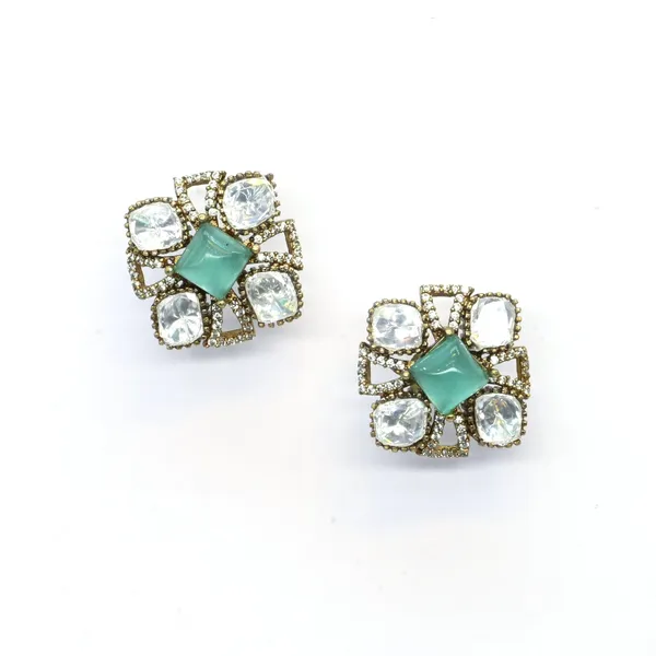 Gold-Plated_Square_Stud_Earrings_with_Mint_Green_and_Crystal_For_Women_&_Girls