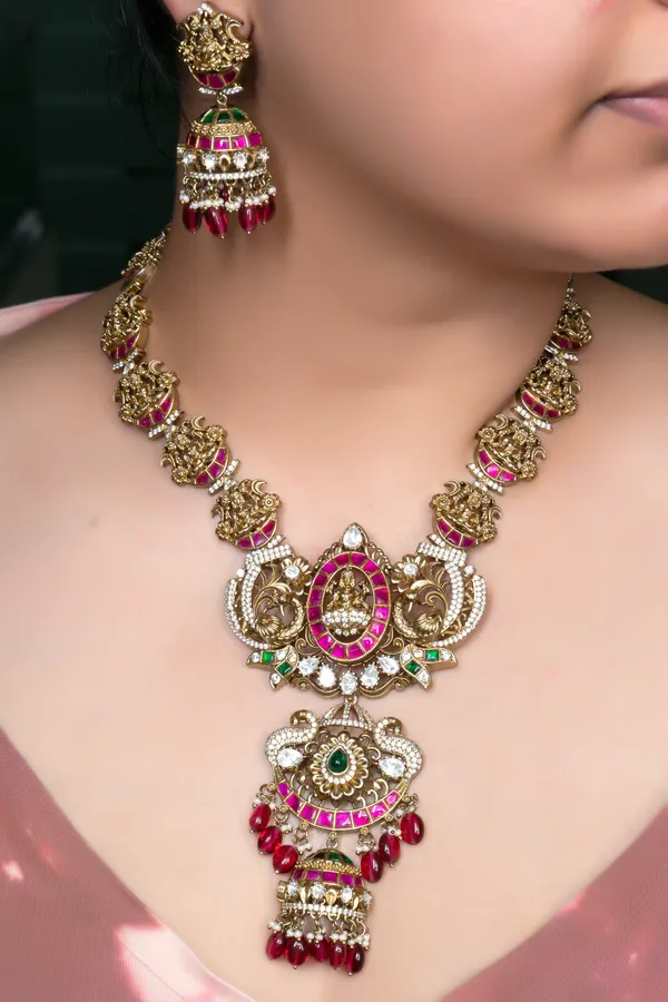 Gold-Plated_Temple_Necklace_Set_with_Ruby_Accents_and_Jhumka_Earrings_For_Women_&_Girls