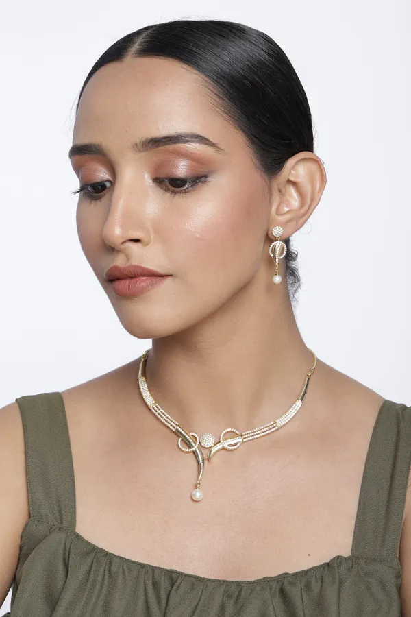 Gold-Tone_Swirl_&_Pearl_Necklace_and_Earring_Set_with_Sparkling_Accents_For_Women_&_Girls