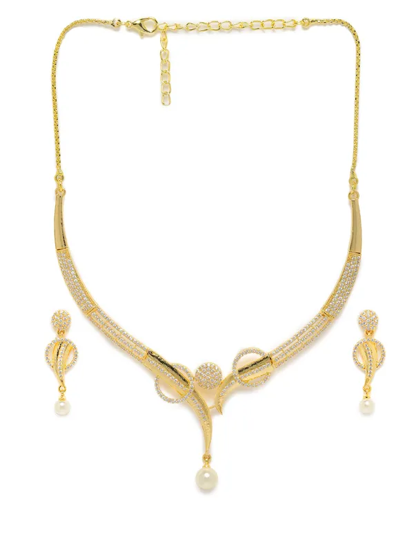 Gold-Tone_Swirl_&_Pearl_Necklace_and_Earring_Set_with_Sparkling_Accents_For_Women_&_Girls