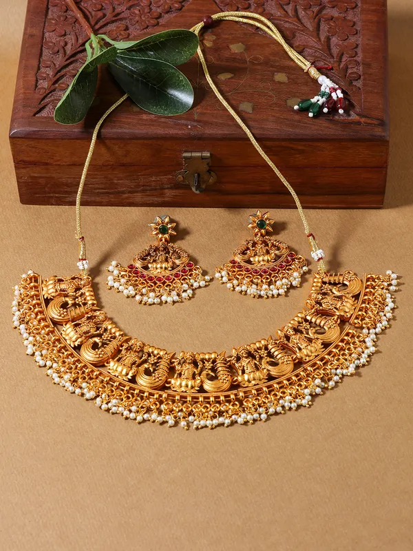 Gold-Tone_Temple_Necklace_and_Earrings_Set__-_Traditional_Indian_Jewelry_Set_For_Women_&_Girls