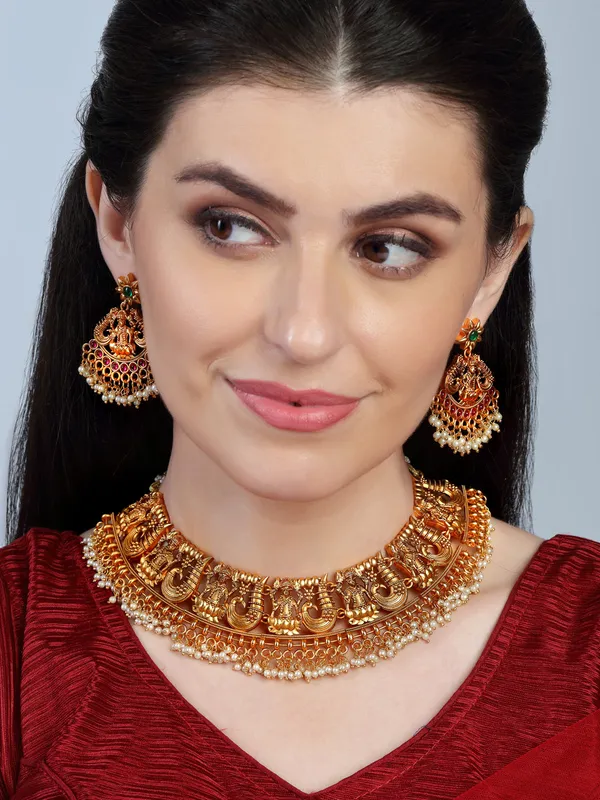 Gold-Tone_Temple_Necklace_and_Earrings_Set__-_Traditional_Indian_Jewelry_Set_For_Women_&_Girls