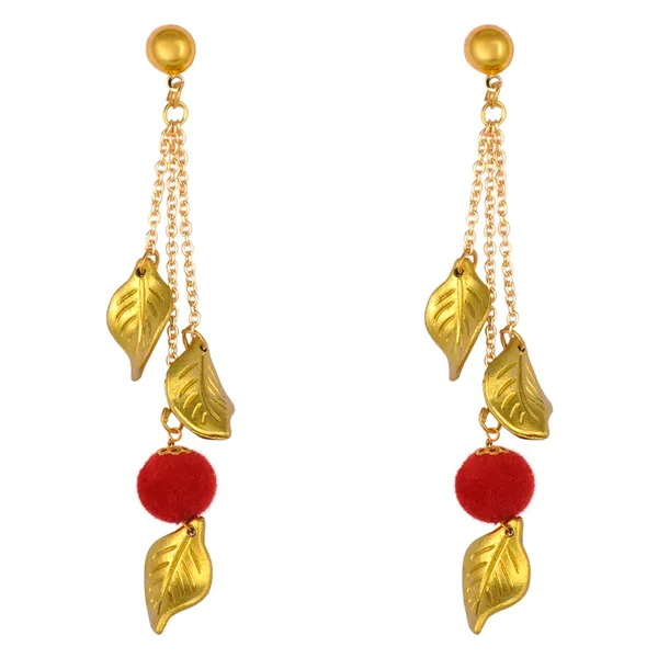 Golden_Leaf_Dangle_Earrings_with_Red_Pom-Pom_For_Women_&_Girls