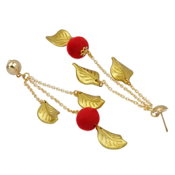 Golden_Leaf_Dangle_Earrings_with_Red_Pom-Pom_For_Women_&_Girls