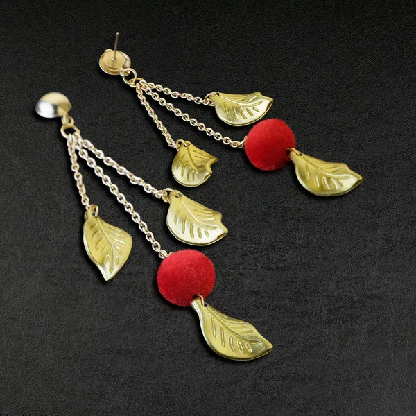 Golden_Leaf_Dangle_Earrings_with_Red_Pom-Pom_For_Women_&_Girls