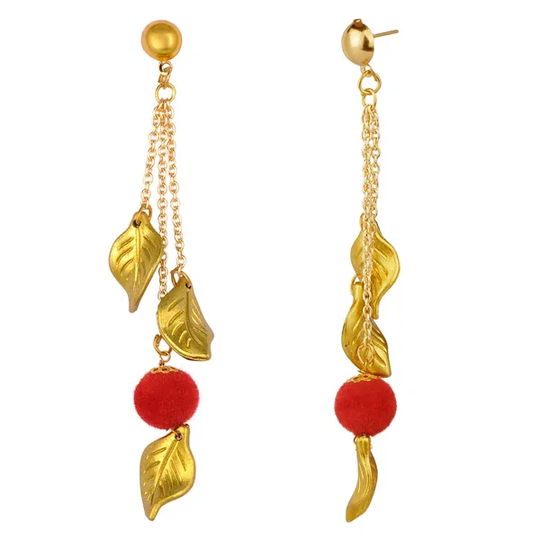 Golden_Leaf_Dangle_Earrings_with_Red_Pom-Pom_For_Women_&_Girls