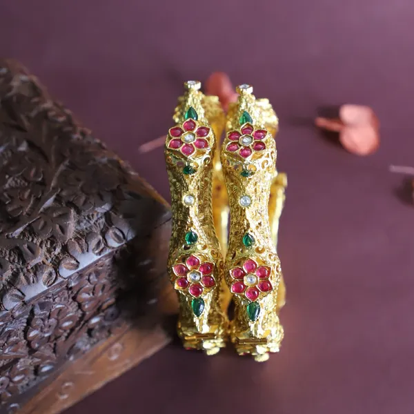 Trendisia_Antique_Gold-Plated_Floral_Filigree_Bangles_with_Red_&_Green_Stone_Accents_For_Women_&_Girls