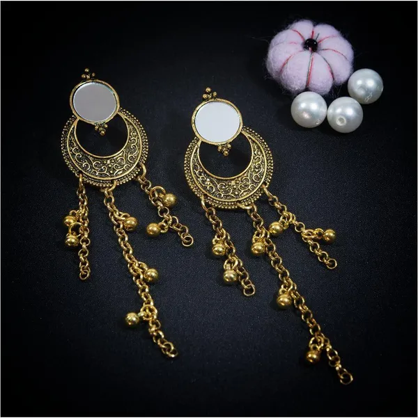 Antique_Gold_Plated_Moon_Shaped_Earring_Mirror_Art_with_Dangling_Chain_Ghungroo_For_Women_&_Girls