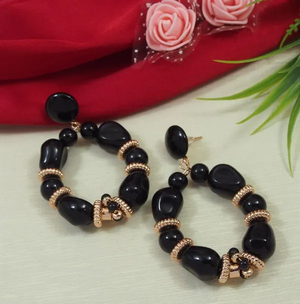 Gold_Plated_Black_Stone_Shaped_Beads_Golden_Ring_Dangle_Earring_For_Women_&_Girls