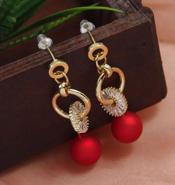 Korean_Gold_Plated_Red_Pearl_CZ_Dangle_Earring-KRNER_3177_For_Women_&_Girls