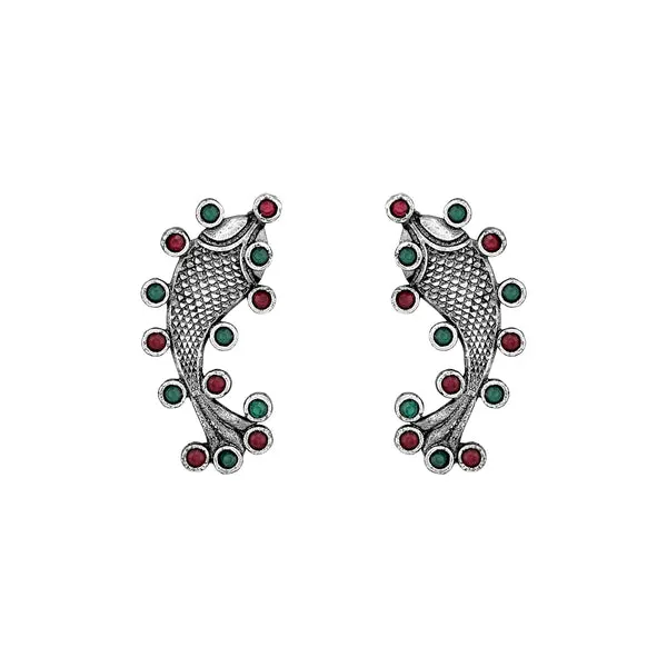 Traditional_Fish_Design_Oxidized_Silver_Earrings_with_Green_and_Red_Accents_For_Women_&_Girls