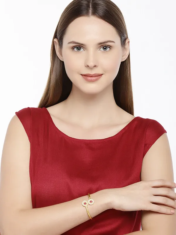Matte_Gold_Ivory_Enamel_&_Ruby_Cuff_Freesize_Bracelet_For_Women_&_Girls