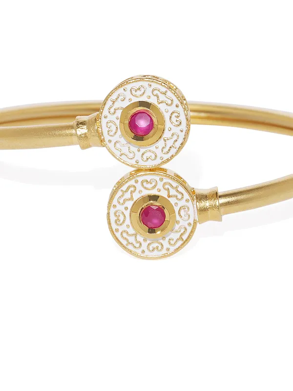 Matte_Gold_Ivory_Enamel_&_Ruby_Cuff_Freesize_Bracelet_For_Women_&_Girls