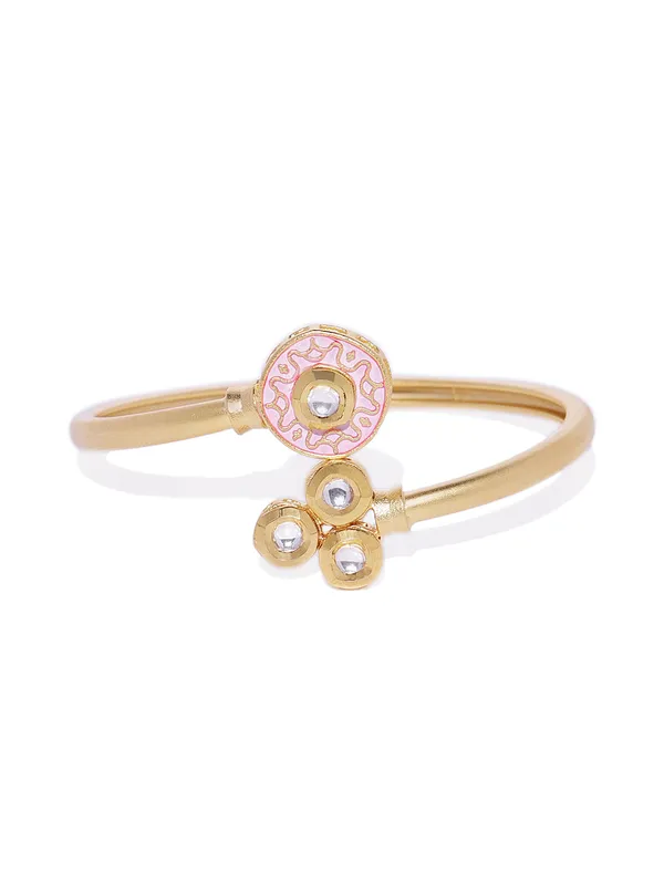 Matte_Gold_Pink_Enamel_&_Vilandi_Kundan_Cuff_Freesize_Bracel_For_Women_&_Girls