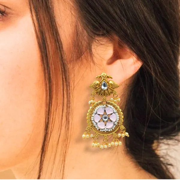 Matte_Gold_Plated_Semi_Precious_Pink_Stones_Studded_Peacock_For_Women_&_Girls