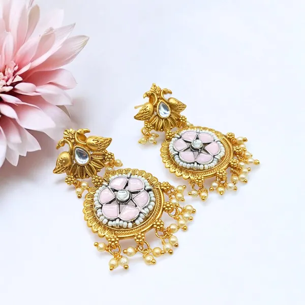 Matte_Gold_Plated_Semi_Precious_Pink_Stones_Studded_Peacock_For_Women_&_Girls