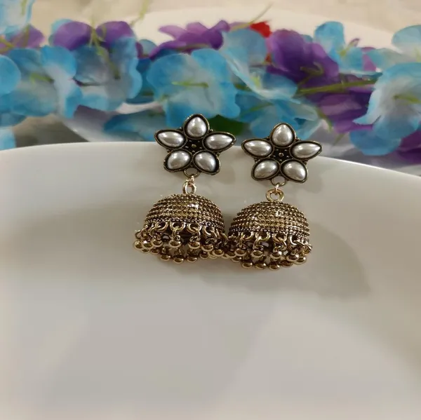 Antique_Gold_Plated_Floral_White_Pearl_Jhumka_Earring_For_Women_&_Girls