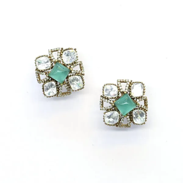 GoldPlated_Square_Stud_Earrings_with_Mint_Green_and_Crystal_For_Women_&_Girls