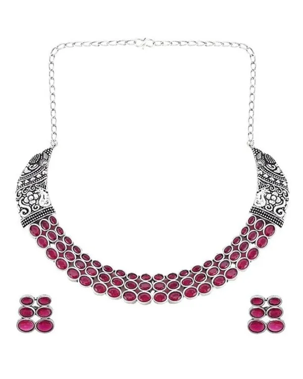 SilverToned_Pink_Oval_Stone_Choker_Necklace_Set_with_Matching_Earrings_For_Women_&_Girls