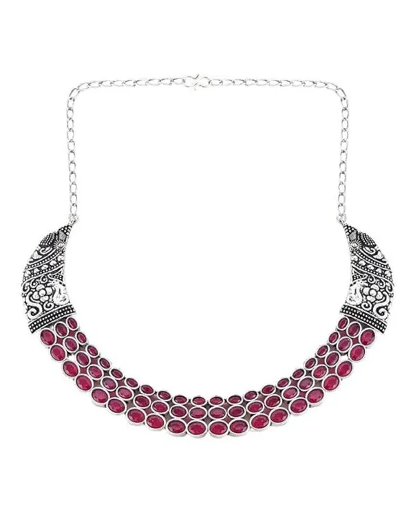 SilverToned_Pink_Oval_Stone_Choker_Necklace_Set_with_Matching_Earrings_For_Women_&_Girls