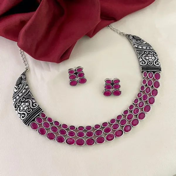 SilverToned_Pink_Oval_Stone_Choker_Necklace_Set_with_Matching_Earrings_For_Women_&_Girls